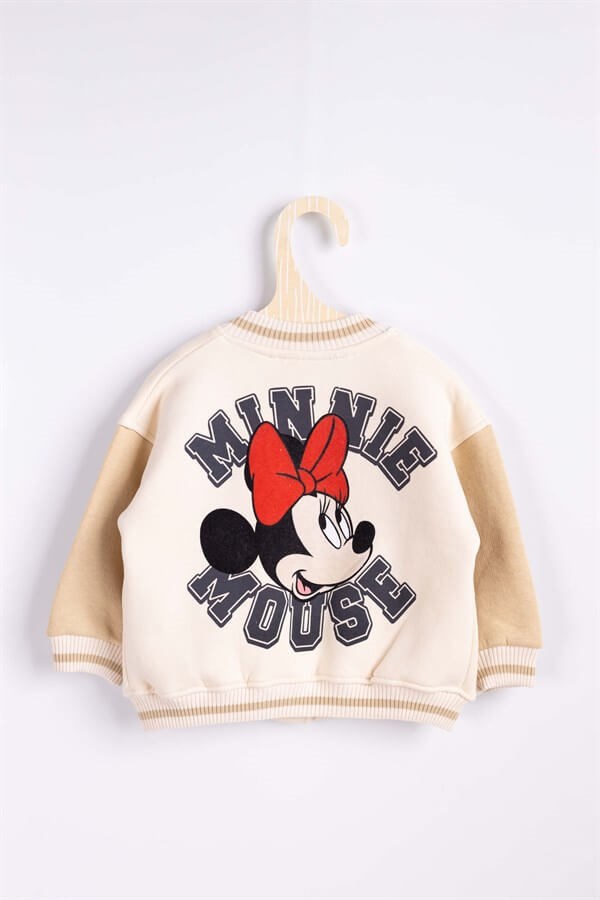  Minnie Mouse Baskılı Çıtçıtlı Krem  Kız Çocuk Ceket - Orva