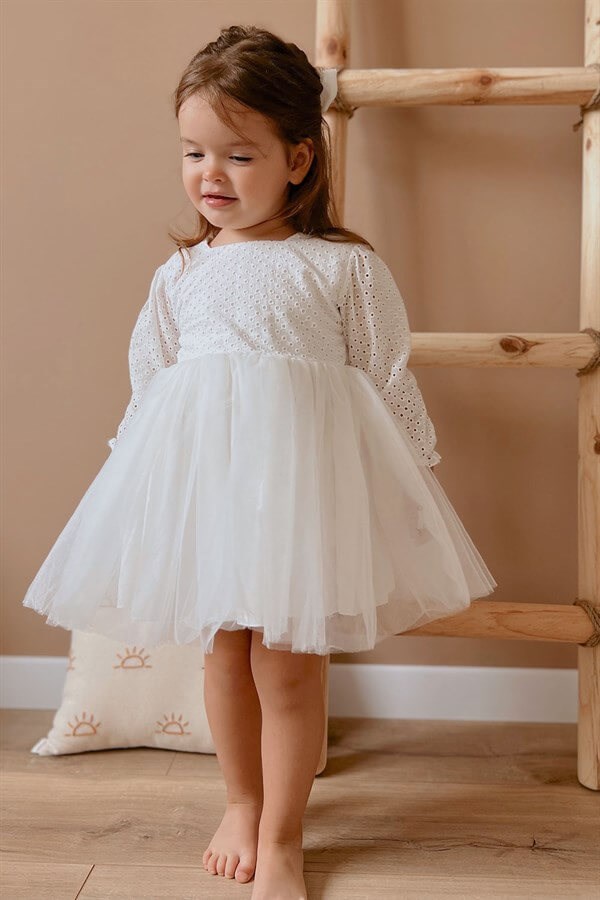 Beyaz Fisto Bluzlu Tül Etekli Kız Çocuk Elbise - Melissa