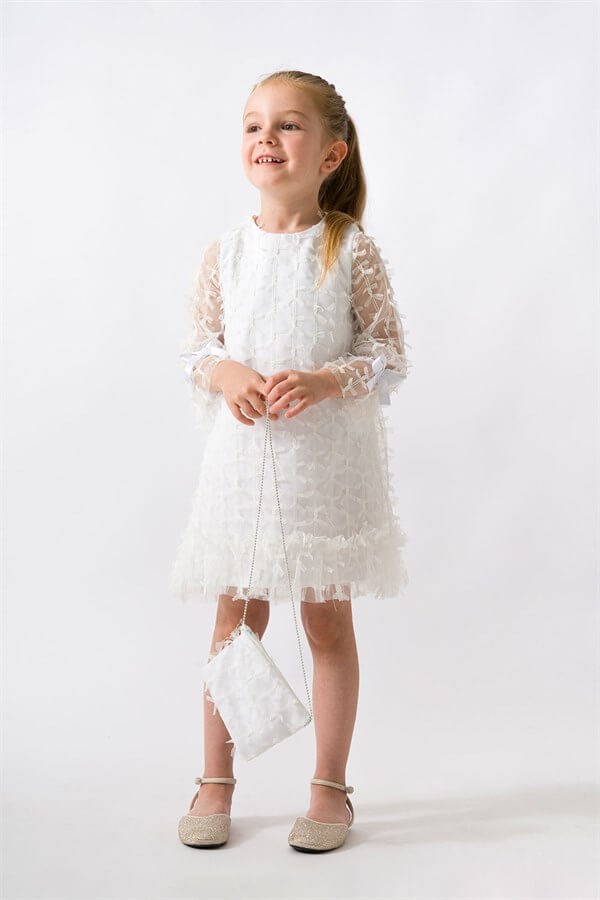 Beyaz Fiyonklu Eteği Fırfırlı Kız Çocuk Elbise - Tilda