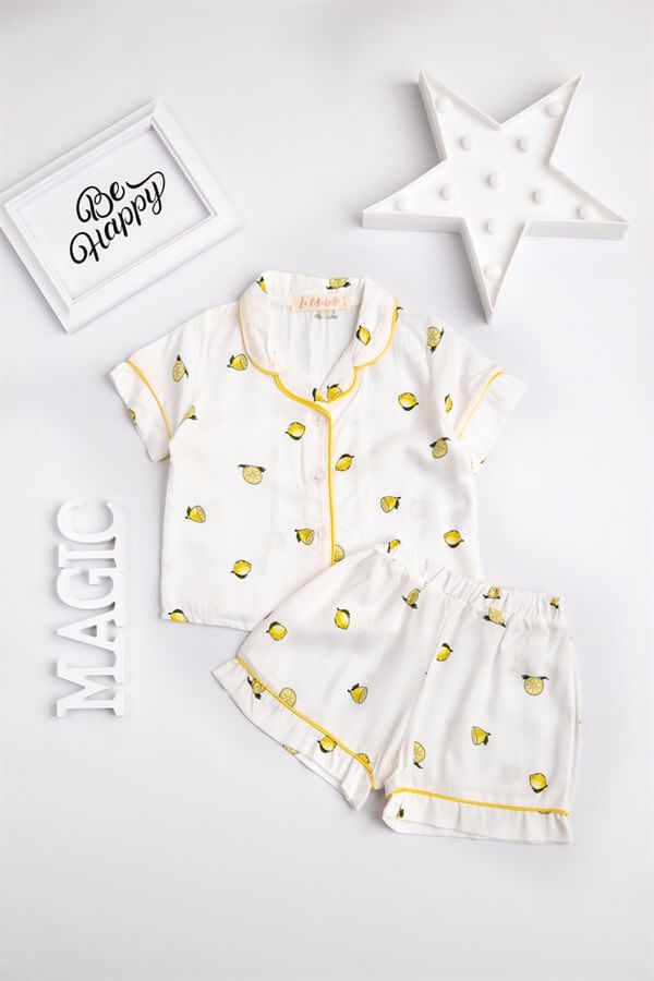 Beyaz Minik Limonlu Şortlu Kız Çocuk Pijama