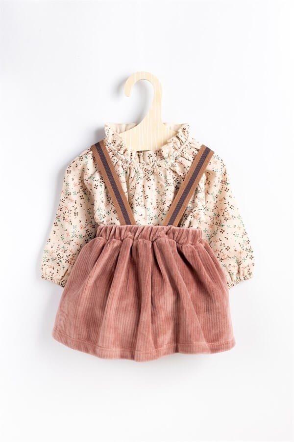 Bordo Çıtır Çiçekli Bluzlu Askılı Etek Kız Bebek Takım - Fayme