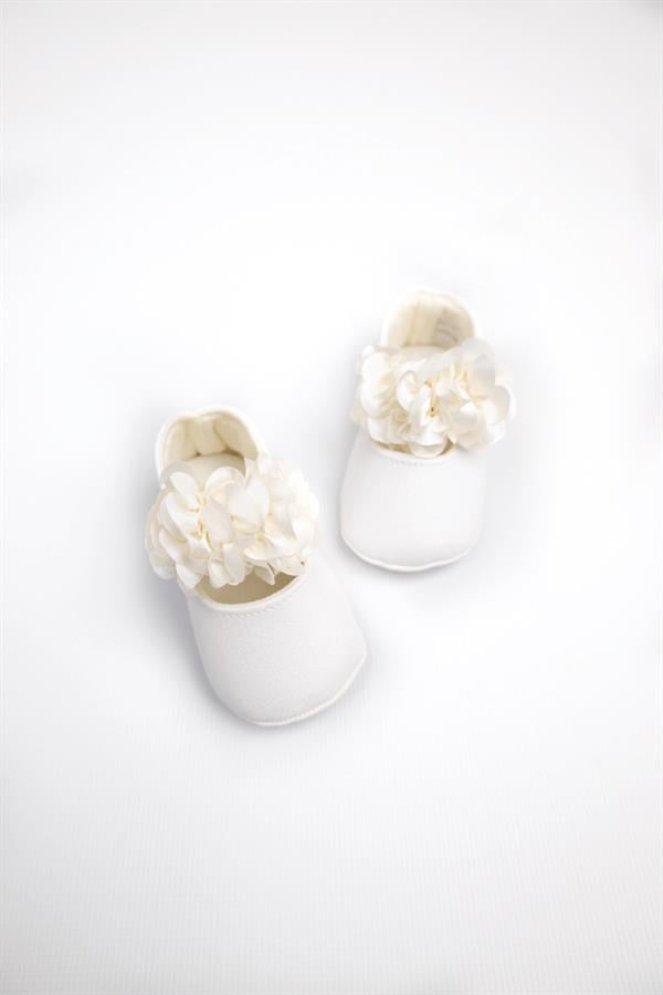 Ekru Önü Çiçekli Kız Bebek Ayakkabı