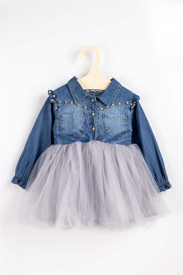 Gri Tül Etekli Kot Elbise - Azura
