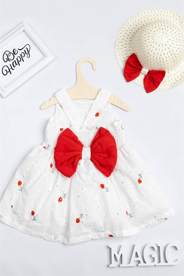 Kırmızı Çiçek Nakışlı Şapkalı Brode Elbise - Clara