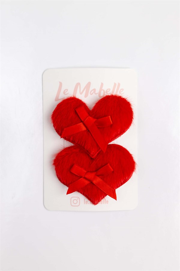 Kırmızı Fiyonk Detaylı Tüylü Kalp 2'li Kız Çocuk Toka Set