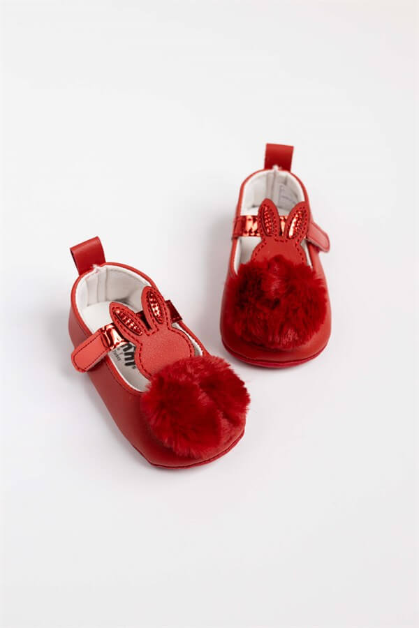 Kırmızı Tavşanlı Önü Ponponlu Ayakkabı