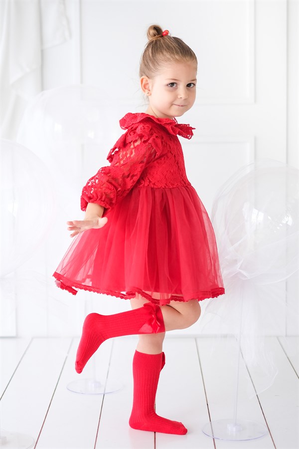 Kırmızı Tül Etekli Dantel Detaylı Kız Çocuk Elbise - Jacinthe