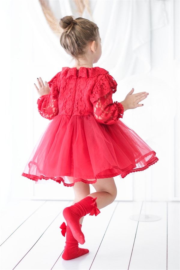 Kırmızı Tül Etekli Dantel Detaylı Kız Çocuk Elbise - Jacinthe