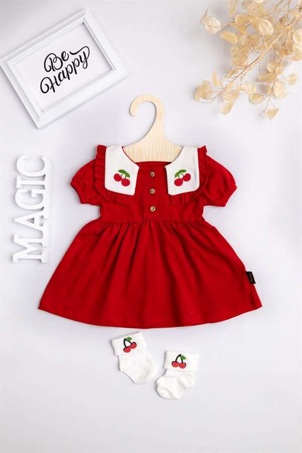 Kırmızı Yakası Kiraz Nakışlı Kız Bebek Elbise - Nia