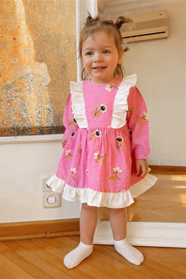 Kısa Kollu Fuşya Çiçekli Kız Çocuk Elbise - Lorena