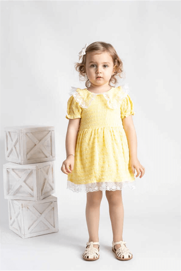 Kısa Kollu Sarı Dantelli Kız Çocuk Elbise - Jaylin