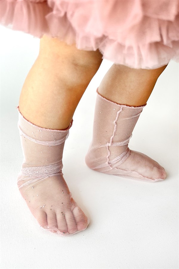 Küçük Sim Detaylı Gülkuru Kız Çocuk Tül Çorap