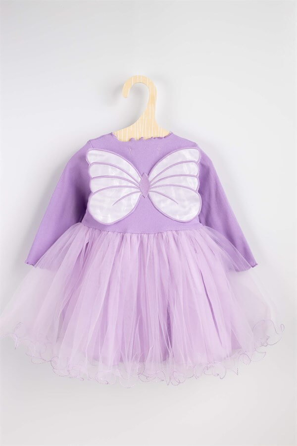 Lila Kelebek Kanatlı Kız Çocuk Elbise - Butterfly
