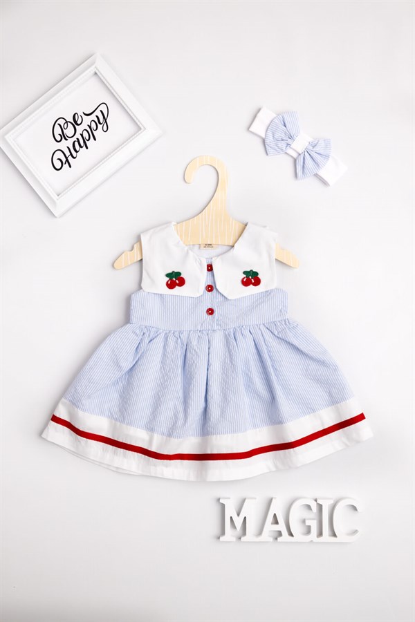 Mavi Yakası Kiraz Nakışlı Kolsuz Kız Bebek Elbise Set - Felicity