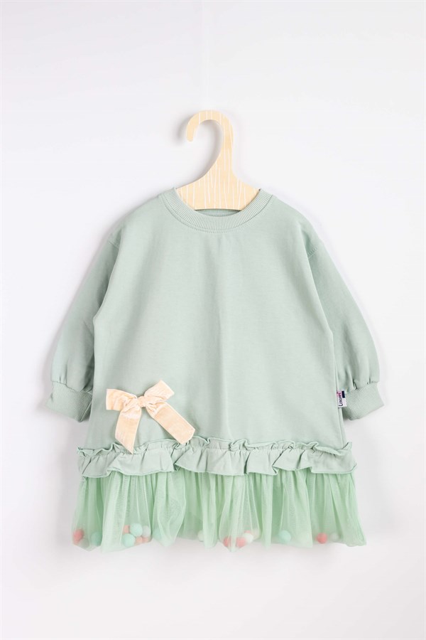 Mint Fiyonk Detaylı Eteği Tüllü  Ponponlu Kız Çocuk Elbise - Aytana