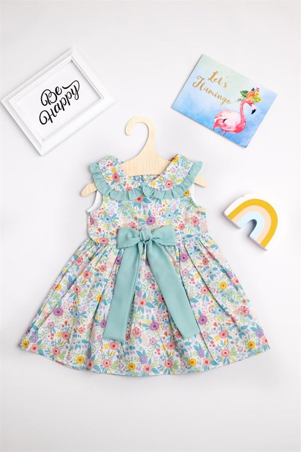 Mint Fiyonklu Çiçek Desenli  Kız Çocuk Elbise - Larina