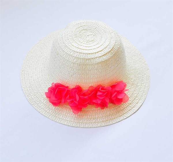 Pembe Çiçekli Beyaz Hasır Şapka