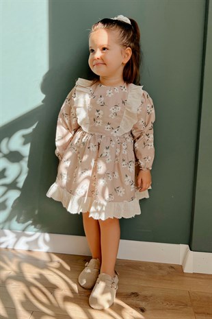 Bej Omuzları Fistolu Çiçekli Kız Çocuk Elbise - Orlene