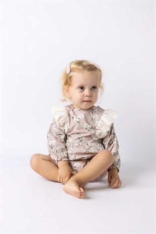 Bej Yanları Fistolu Çiçek Desenli Kız Bebek Romper - Lorena