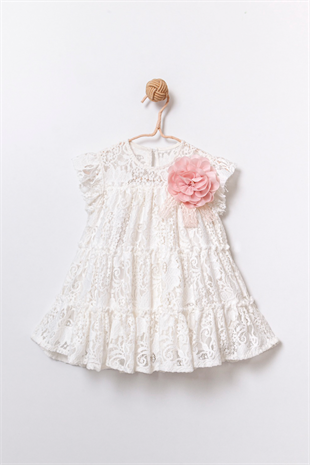 Beyaz Dantel Çiçekli Kız Çocuk Elbise - Galia