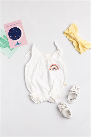 Beyaz Gökkuşağı Nakışlı Müslin Kız Bebek Tulum Set - Tuly