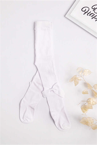 Beyaz Kurdeleli Kız Çocuk Külotlu Çorap