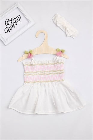 Beyaz Nakışlı Püsküllü Kız Bebek Elbise Set - Rebeca