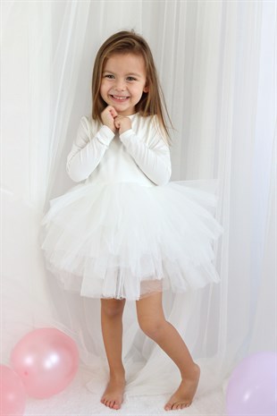 Beyaz Tütü Etekli Uzun Kollu Kız Çocuk Balerin Elbise - Miranda