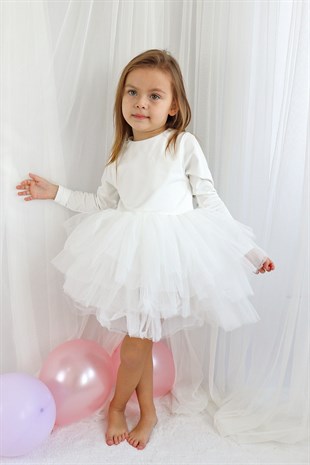 Beyaz Tütü Etekli Uzun Kollu Kız Çocuk Balerin Elbise - Miranda