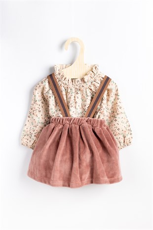 Bordo Çıtır Çiçekli Bluzlu Askılı Etek Kız Bebek Takım - Fayme