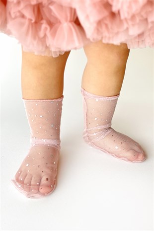 Büyük Sim Detaylı Gülkuru Kız Çocuk Tül Çorap 
