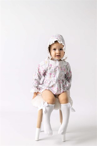 Gri Çiçek Şapkalı Kız Bebek Tulum Set - Catherine