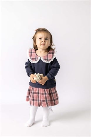 Gray Collar Checked Patterned Baby Girl Dress - Edna