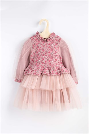 Gülkuru Çıtır Çiçekli Tül Etekli Kız Çocuk Elbise - Terra 