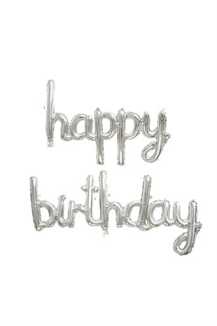 Gümüş Happy Birthday El Yazısı Balon Set