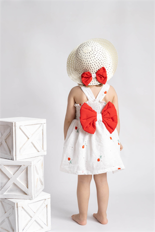 Kırmızı Çiçek Nakışlı Şapkalı Brode Elbise - Clara
