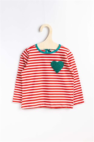 Kırmızı Çizgili Mint Kalp Detaylı Uzun Kollu Kız Çocuk Tişört - Cherina