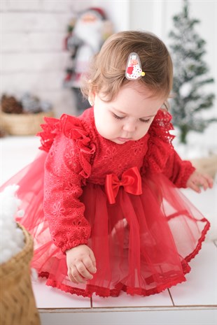 Kırmızı Dantel Detaylı Tül Etekli Kız Bebek Romper - Caresse