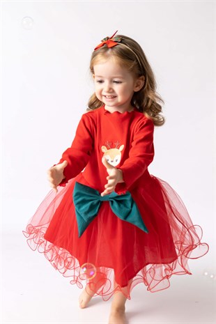 Kırmızı Geyikli Önü Fiyonklu Tül Etekli Kız Çocuk Elbise - Harriet