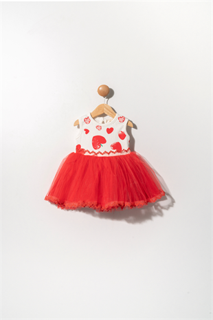 Kırmızı Kalp Desenli Kız Bebek Tütü Elbise -  Narissa