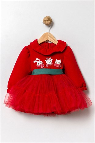 Kırmızı Minik Tavşanlı Tütü Etekli Kız Bebek Elbise - Ember
