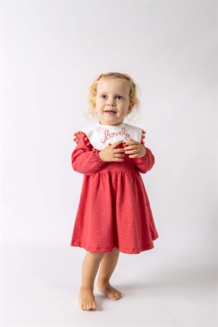 Kırmızı Yakalı Puantiyeli Kız Bebk Elbise - Shay