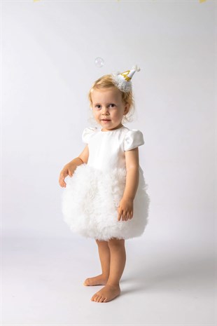 Kısa Kollu Beyaz Tütülü Bebek Prenses Elbise - Lina