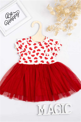Kısa Kollu Kalp Desenli Tütü Elbise - Ruby