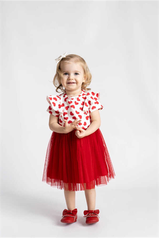 Kısa Kollu Kalp Desenli Tütü Elbise - Ruby