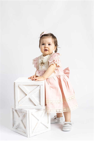 Kısa Kollu Pembe Fisto Detaylı Vintage Kız Çocuk Elbise Set - Charlotte