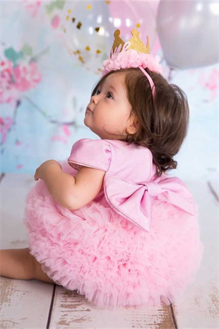 Kısa Kollu Pembe Tütülü Bebek Prenses Elbise - Lina