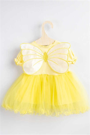 Kısa Kollu Sarı Kelebek Kanatlı Kız Çocuk Elbise - Angel