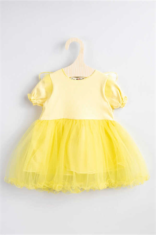 Kısa Kollu Sarı Kelebek Kanatlı Kız Çocuk Elbise - Angel