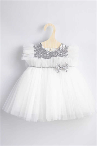 Kolsuz Gri Fiyonklu Beyaz Tütü Elbise - Celine